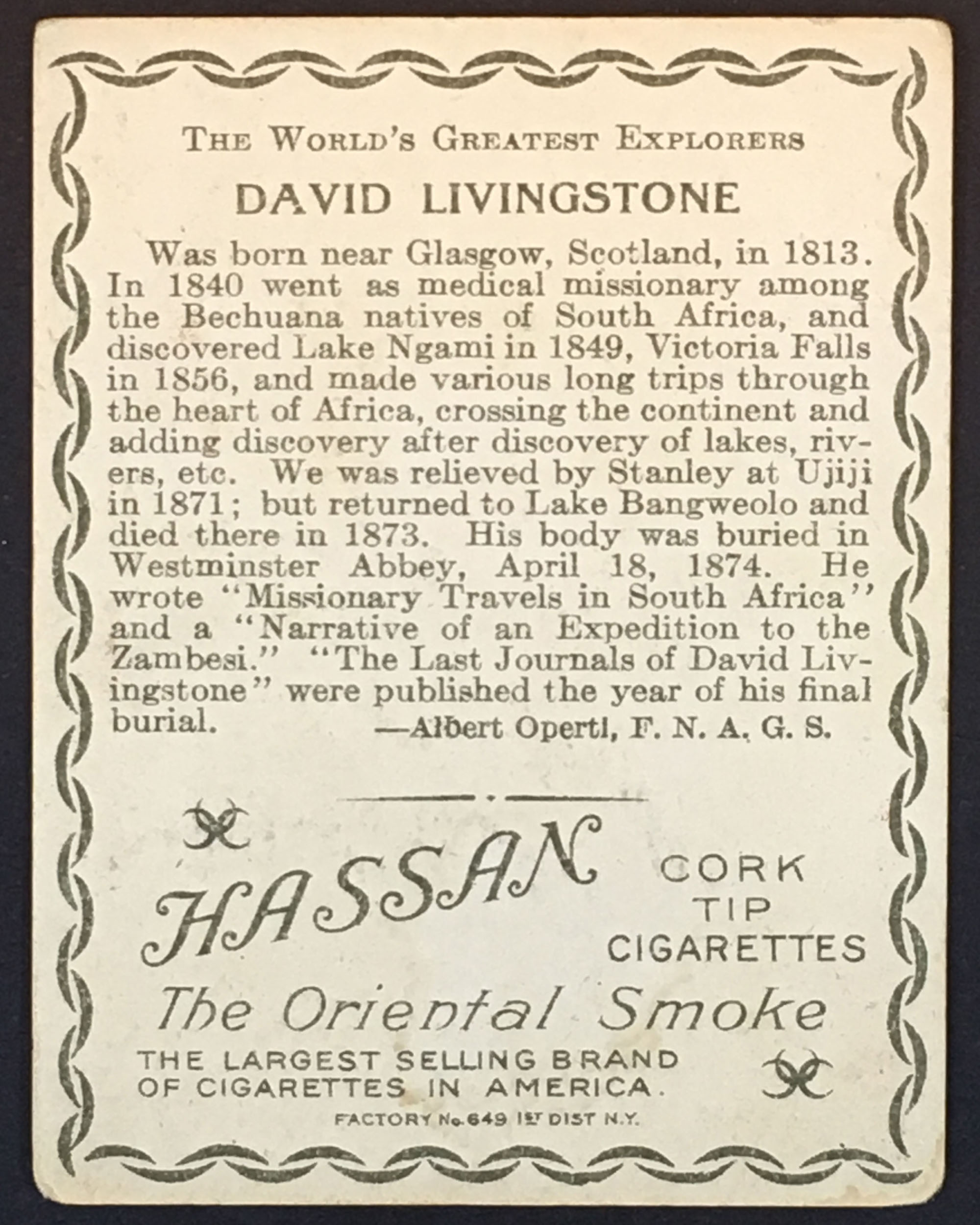 Greatest Explorers Tobacco Trading Card: David Livingstone, 1910, verso. Image copyright Adrian S. Wisnicki. Creative Commons Attribution-NonCommercial 3.0 Unported (https://creativecommons.org/licenses/by-nc/3.0/). Greatest Explorers Tobacco Trading Card: David Livingstone, 1910, verso. Image copyright Adrian S. Wisnicki. Creative Commons Attribution-NonCommercial 3.0 Unported (https://creativecommons.org/licenses/by-nc/3.0/).