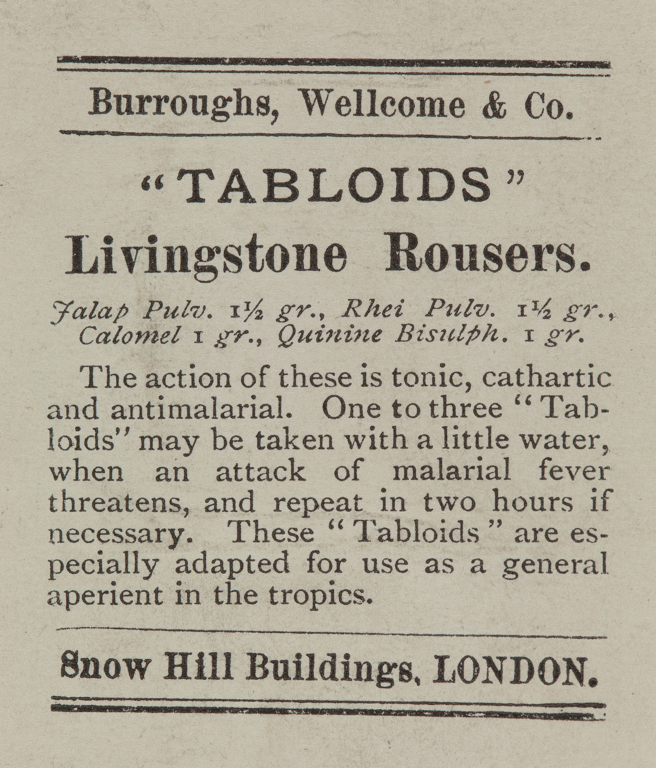 Pharmaceutical advert for 'Tabloids' Livingstone Rousers. Copyright Wellcome Library, London. Creative Commons Attribution-NonCommercial 3.0 Unported (https://creativecommons.org/licenses/by-nc/3.0/). Pharmaceutical advert for 'Tabloids' Livingstone Rousers. Copyright Wellcome Library, London. Creative Commons Attribution-NonCommercial 3.0 Unported (https://creativecommons.org/licenses/by-nc/3.0/).