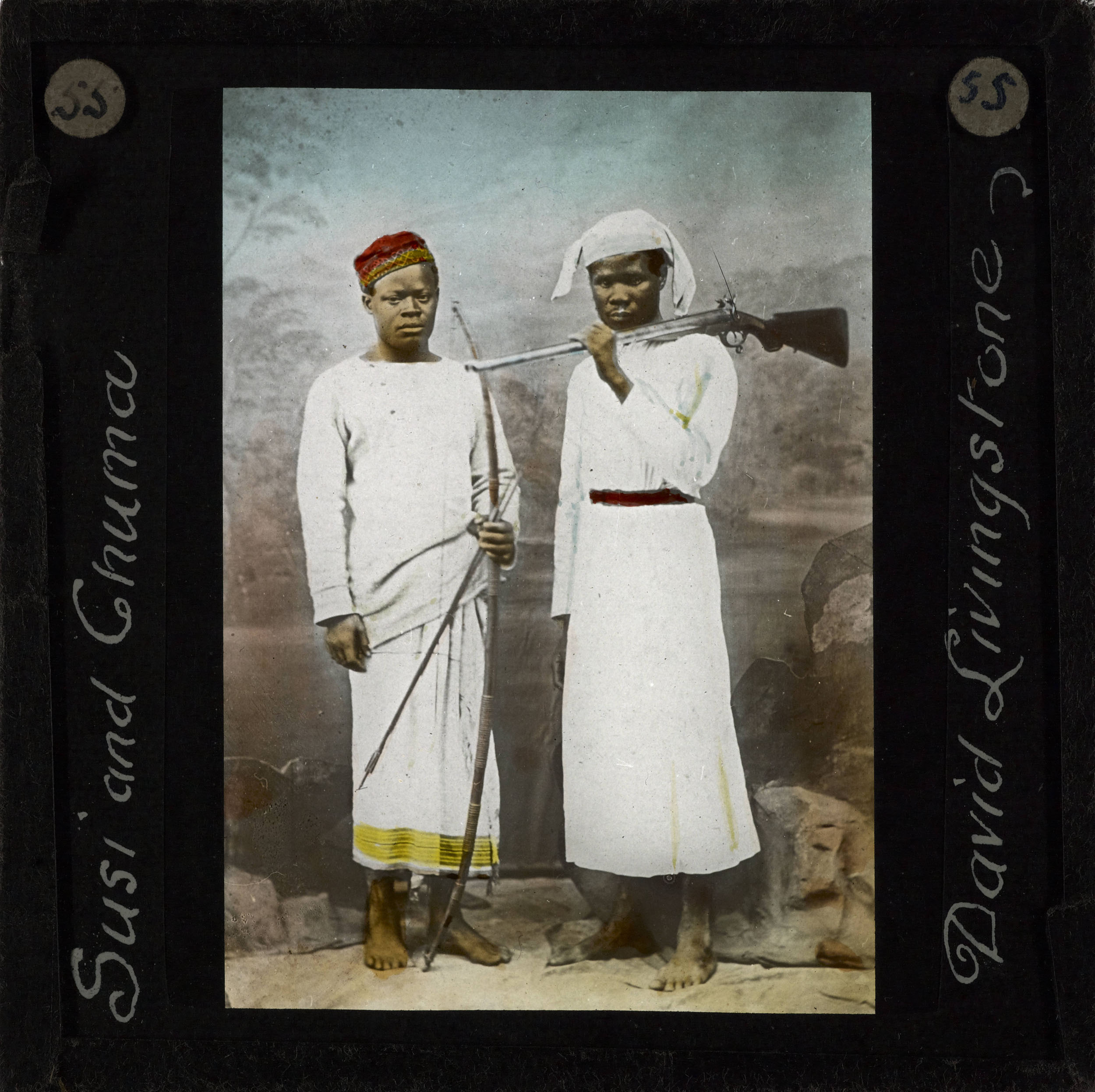 Painted Lantern Slide of Susi and Chuma, Date Unknown (after 1873). Copyright The Centre for the Study of World Christianity, University of Edinburgh. Creative Commons Attribution-NonCommercial 3.0 Unported (https://creativecommons.org/licenses/by-nc/3.0/). Painted Lantern Slide of Susi and Chuma, Date Unknown (after 1873). Copyright The Centre for the Study of World Christianity, University of Edinburgh. Creative Commons Attribution-NonCommercial 3.0 Unported (https://creativecommons.org/licenses/by-nc/3.0/).