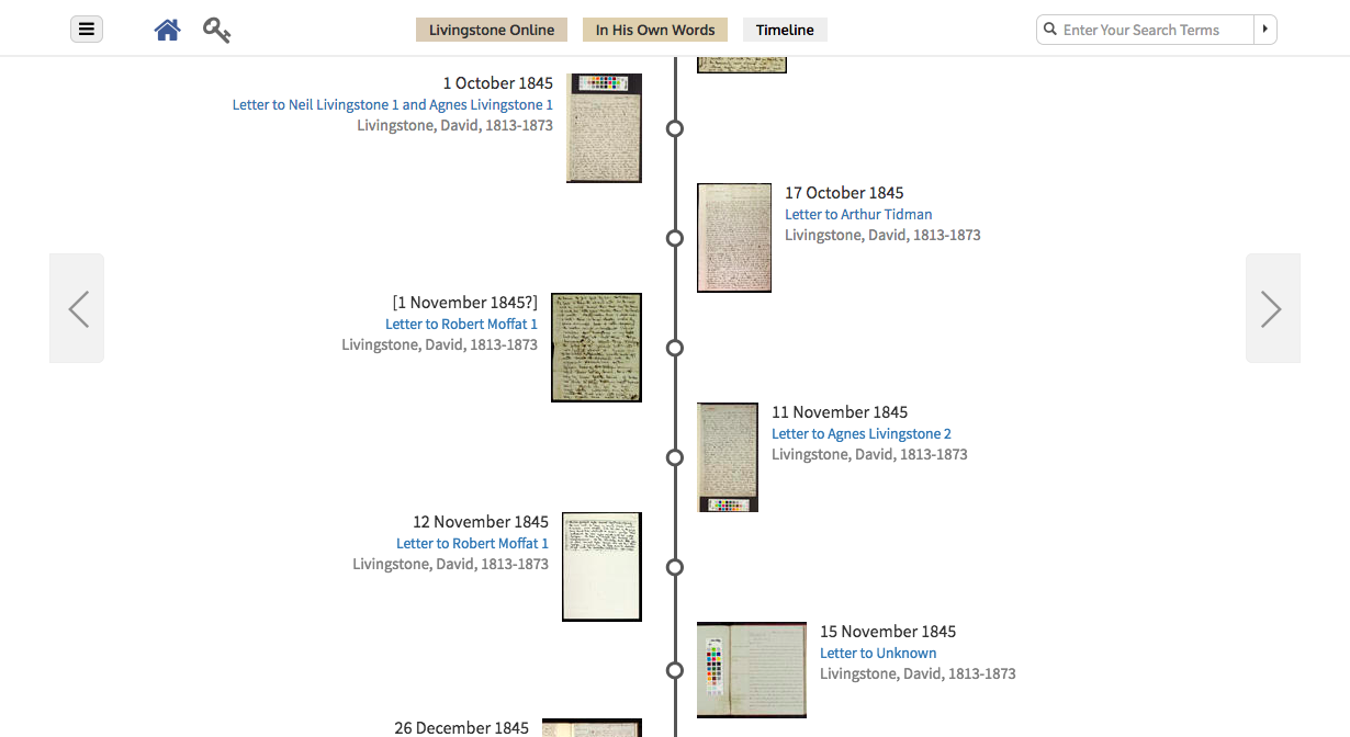 Screenshot of Livingstone Online's 'Browse by Timeline' page. Copyright Livingstone Online. Creative Commons Attribution-NonCommercial 3.0 Unported (https://creativecommons.org/licenses/by-nc/3.0/). Screenshot of Livingstone Online's 'Browse by Timeline' page. Copyright Livingstone Online. Creative Commons Attribution-NonCommercial 3.0 Unported (https://creativecommons.org/licenses/by-nc/3.0/).