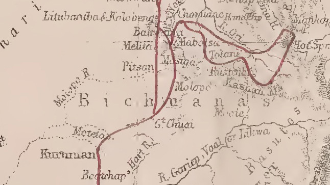 Image of John Arrowsmith, Map of South Africa Showing the Routes of Revd Dr Livingstone Between the Years 1849 & 1856, 1857, detail. Courtesy of Internet Archive (https://archive.org/details/Missionarytrave00LiviA). Image of John Arrowsmith, Map of South Africa Showing the Routes of Revd Dr Livingstone Between the Years 1849 & 1856, 1857, detail. Courtesy of Internet Archive (https://archive.org/details/Missionarytrave00LiviA).