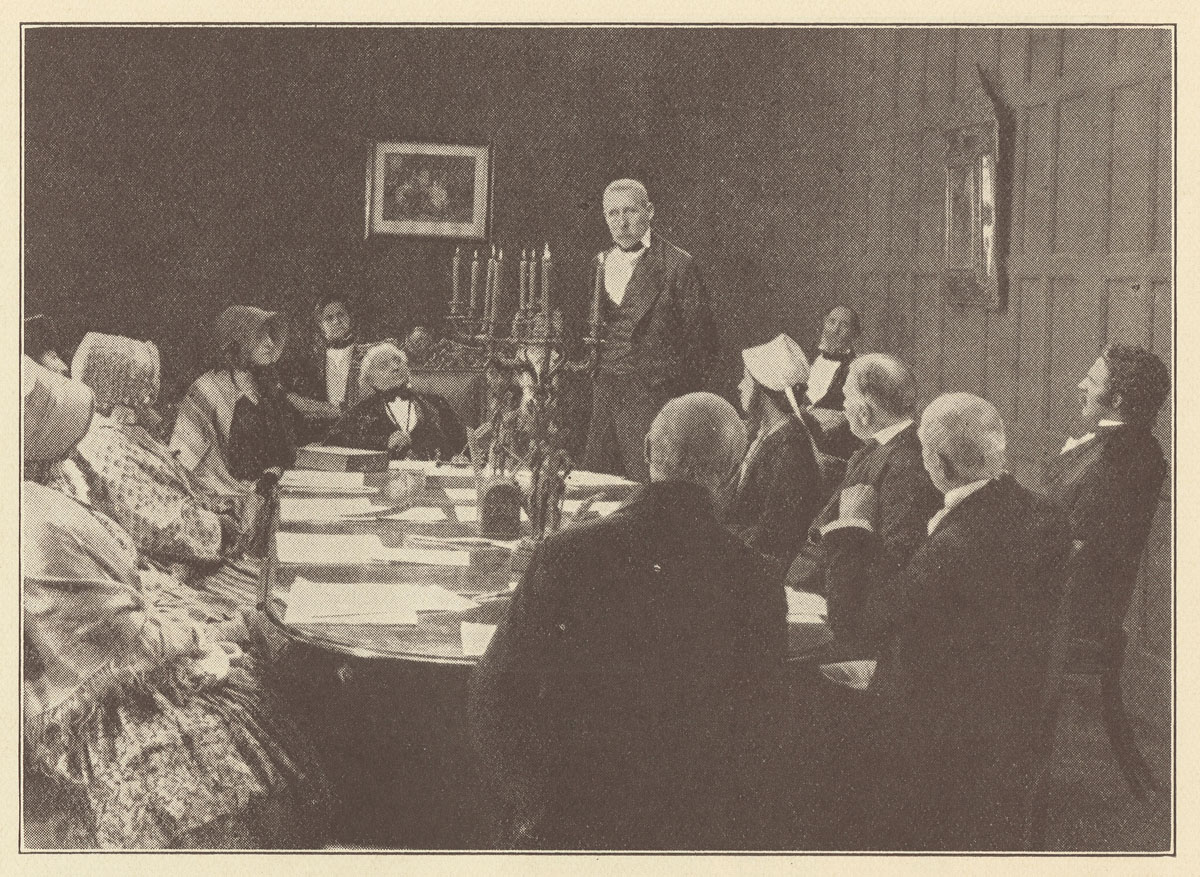 'Livingstone hears Robert Moffat address the London Missionary Society—and responds to The Call!' Photograph from promotional booklet for Livingstone: A Drama of Reality (Film), 1925. Copyright National Library of Scotland. Creative Commons Share-alike 2.5 UK: Scotland (https://creativecommons.org/licenses/by-nc-sa/2.5/scotland/). 'Livingstone hears Robert Moffat address the London Missionary Society—and responds to The Call!' Photograph from promotional booklet for Livingstone: A Drama of Reality (Film), 1925. Copyright National Library of Scotland. Creative Commons Share-alike 2.5 UK: Scotland (https://creativecommons.org/licenses/by-nc-sa/2.5/scotland/).