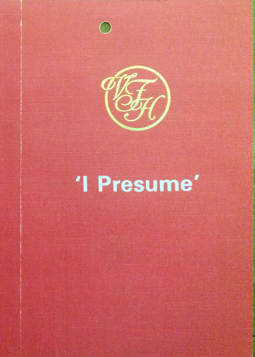 'I Presume' (Victoria Falls Hotel Cocktail List), [1980-1990]: [1]. Copyright Gail van Jaarsveldt. Creative Commons Attribution-NonCommercial 3.0 Unported (https://creativecommons.org/licenses/by-nc/3.0/).
