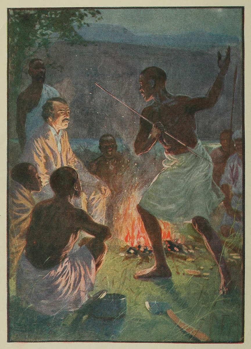 Round a camp-fire. Illustration from Basil Mathews, Livingstone the Pathfinder (New York: Missionary Education Movement of the United States and Canada, 1912), frontispiece. Courtesy of the Internet Archive.
