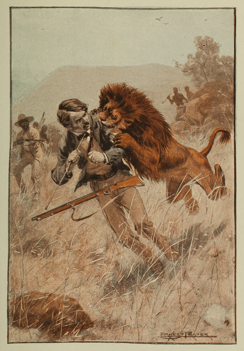He caught my shoulder as he sprang. Illustration from Basil Mathews, Livingstone the Pathfinder (New York: Missionary Education Movement of the United States and Canada, 1912), opposite 44. Courtesy of the Internet Archive.