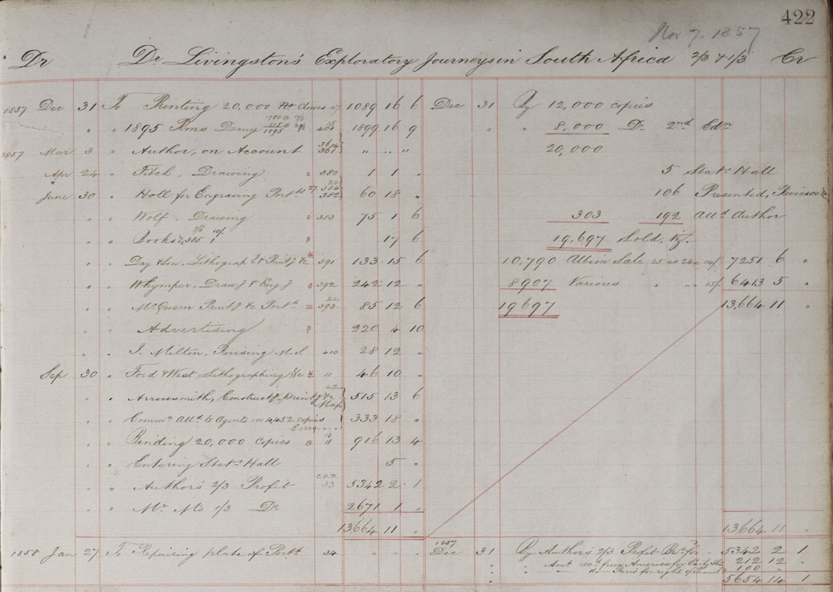 Image of a page from Copies of Ledger E of the Publisher John Murray: Production and Sales Details for David Livingstone's Missionary Travels (1857-1862:[1]). Copyright National Library of Scotland. Creative Commons Share-alike 2.5 UK: Scotland (https://creativecommons.org/licenses/by-nc-sa/2.5/scotland/).
