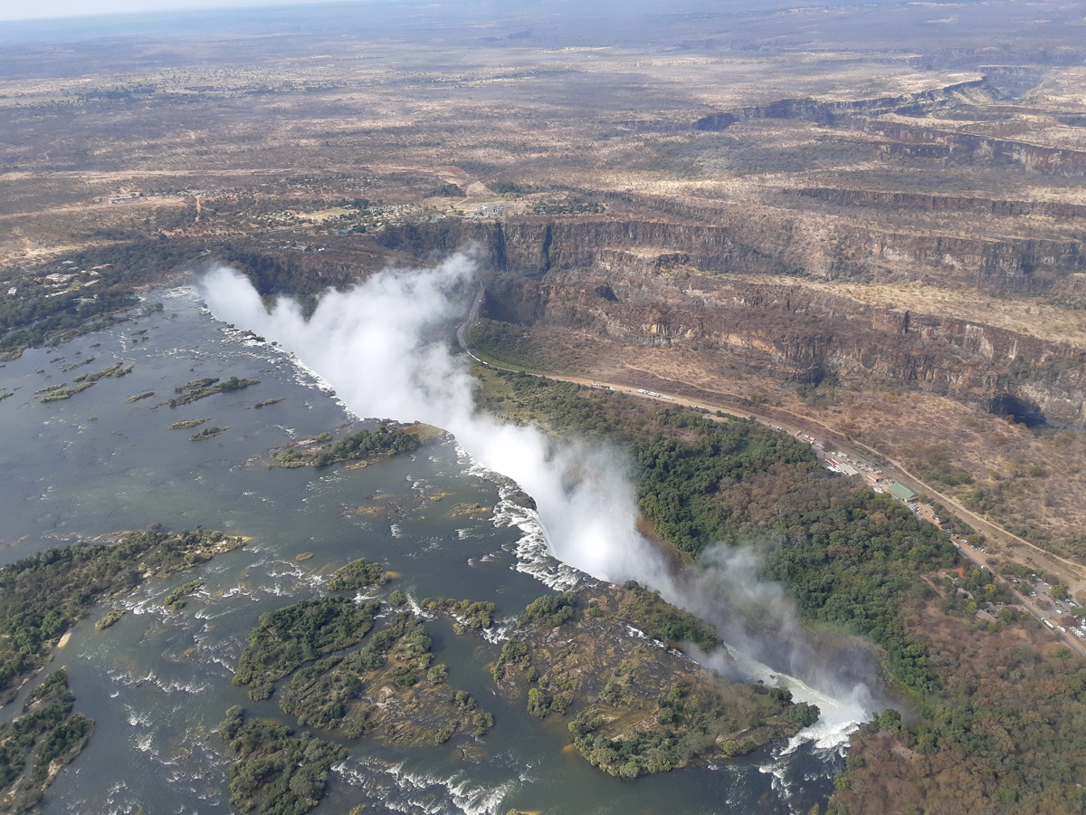A photograph of Victoria Falls taken from a helicopter, 2018. Copyright Jared McDonald. Creative Commons Attribution-NonCommercial 3.0 Unported (https://creativecommons.org/licenses/by-nc/3.0/).