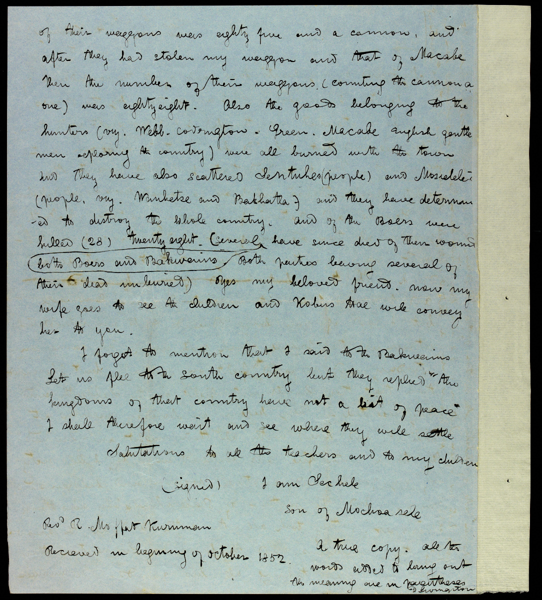 Letter to Robert Moffat I with Speech (Sechele and Livingstone 1852:[2]). Images from SOAS Library, University of London. Images copyright Council for World Mission. Used by permission for private study, educational or research purposes only. Please contact SOAS Archives & Special Collections on docenquiry@soas.ac.uk for permission to use this material for any other purpose. As relevant, copyright Dr. Neil Imray Livingstone Wilson. Creative Commons Attribution-NonCommercial 3.0 Unported (https://creativecommons.org/licenses/by-nc/3.0/).