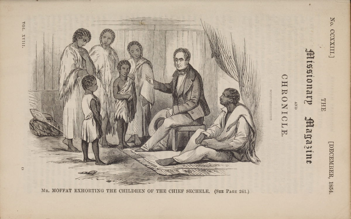 Mr. Moffat Exhorting the Children of the Chief Sechele. Illustration from Missionary Magazine and Chronicle, December 1854, 255. Courtesy of the Internet Archive (https://archive.org/details/missionarymagazi2231lond).