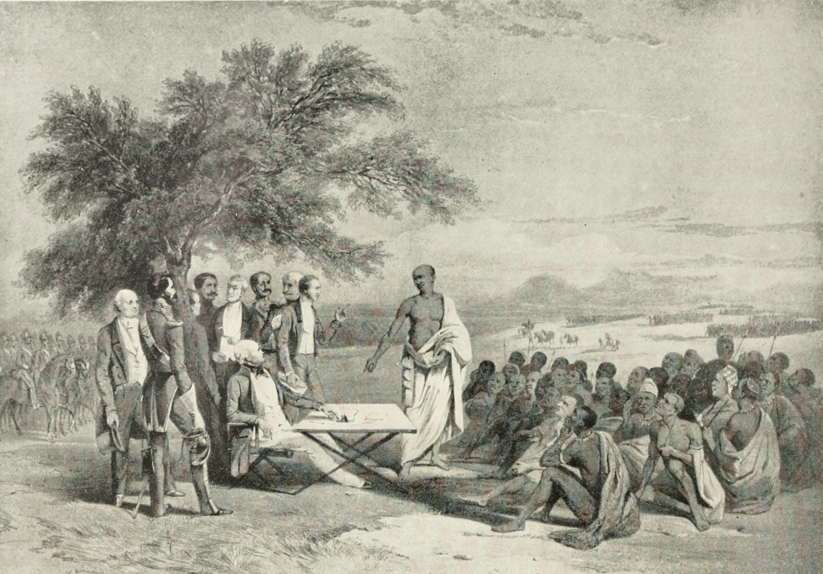 Conference Between Col. Hare and Sandilli, from Sketch by Sir Harry Darrell. Illustration from Geo. E. Cory, The Rise of South Africa: A History of the Origin of South African Colonisation and its Development Towards the East from the Earliest Times to 1857, 6 vols (London: Longmans, Green and Co., 1926), 4:frontispiece. Courtesy of the Internet Archive (https://archive.org/details/riseofsouthafric04coryuoft).