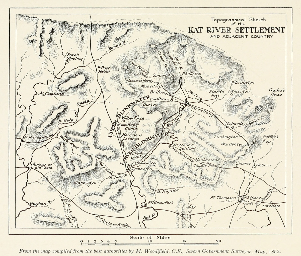 Topographical Sketch of the Kat River Settlement and Adjacent Country. From the Map Compiled From the Best Authorities by M. Woodifield, C. E., Sworn Government Surveyor, May, 1852. Illustration from Geo. E. Cory, The Rise of South Africa: A History of the Origin of South African Colonisation and its Development Towards the East from the Earliest Times to 1857, 6 vols (London: Longmans, Green and Co., 1930), 5:opposite 326. Courtesy of the Internet Archive (https://archive.org/details/riseofsouthafric05coryuoft).