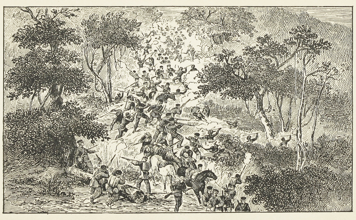Attack of the Kaffirs on the Troops Under the Command of Lt.-Col. Fordyce of the 74th Highlanders. Illustration from Duncan Campbell Francis Moodie, The History of the Battles and Adventures of the British, the Boers, and the Zulus, &c., in Southern Africa, 2 vols (Cape Town: Murray & St. Leger, 1888), 2:opposite 49. Courtesy of the Internet Archive (https://archive.org/details/historyofbattles02dcfm).