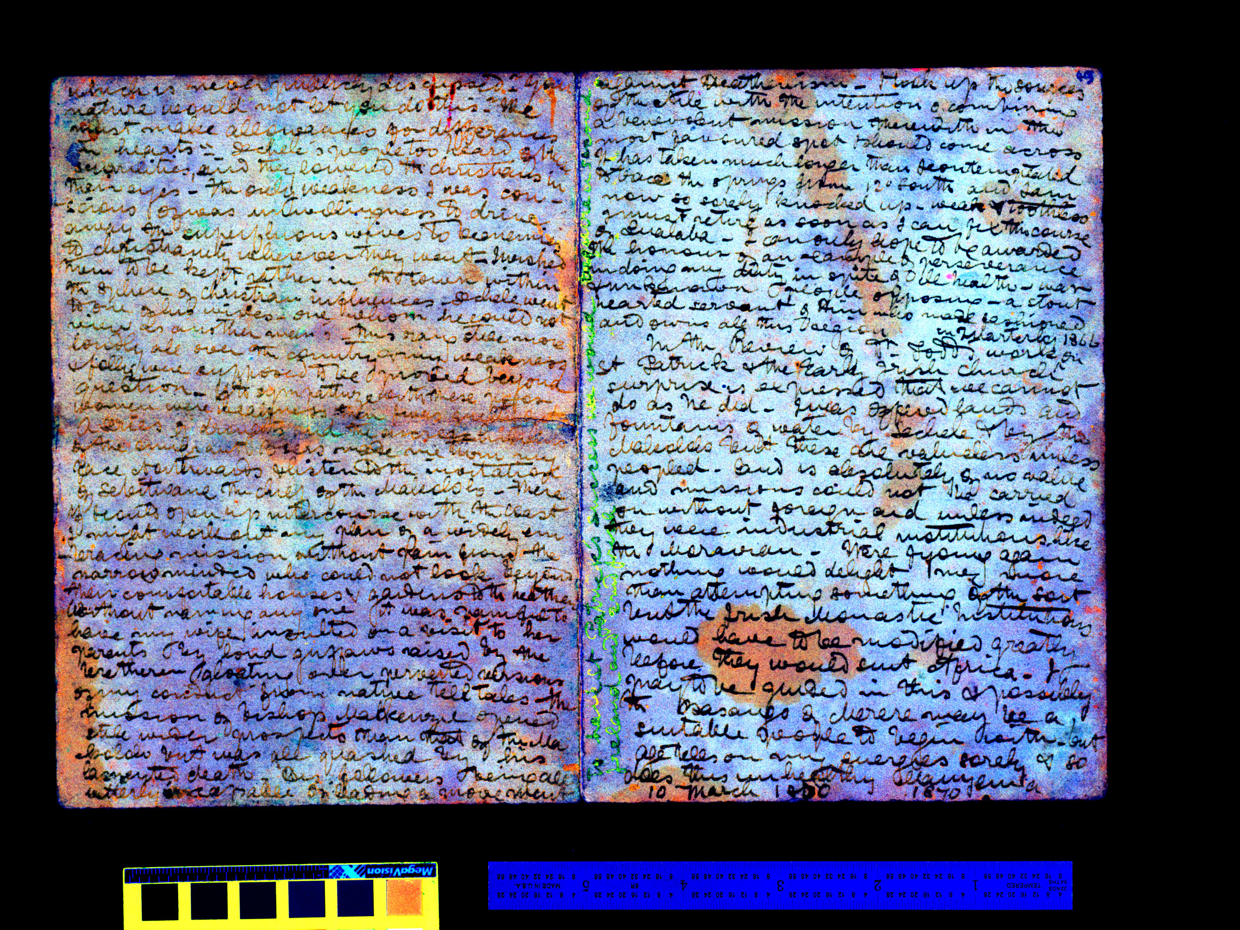 A page from David Livingstone's 1870 Field Diary after spectral image processing to enhance staining. Copyright National Library of Scotland and Dr. Neil Imray Livingstone Wilson (as relevant). Creative Commons Attribution-NonCommercial 3.0 Unported (https://creativecommons.org/licenses/by-nc/3.0/) A page from David Livingstone's 1870 Field Diary after spectral image processing to enhance staining. Copyright National Library of Scotland and Dr. Neil Imray Livingstone Wilson (as relevant). Creative Commons Attribution-NonCommercial 3.0 Unported (https://creativecommons.org/licenses/by-nc/3.0/)