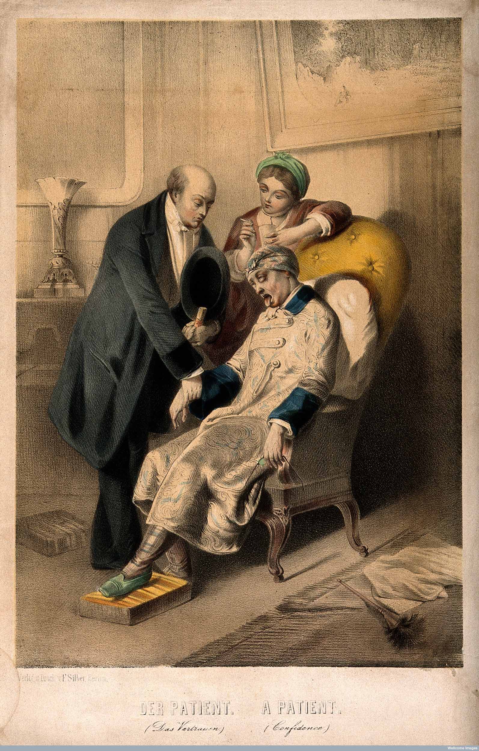 A sick man projects his tongue while a doctor takes his pulse. Copyright Wellcome Library, London. Creative Commons Attribution 4.0 International (https://creativecommons.org/licenses/by/4.0/).