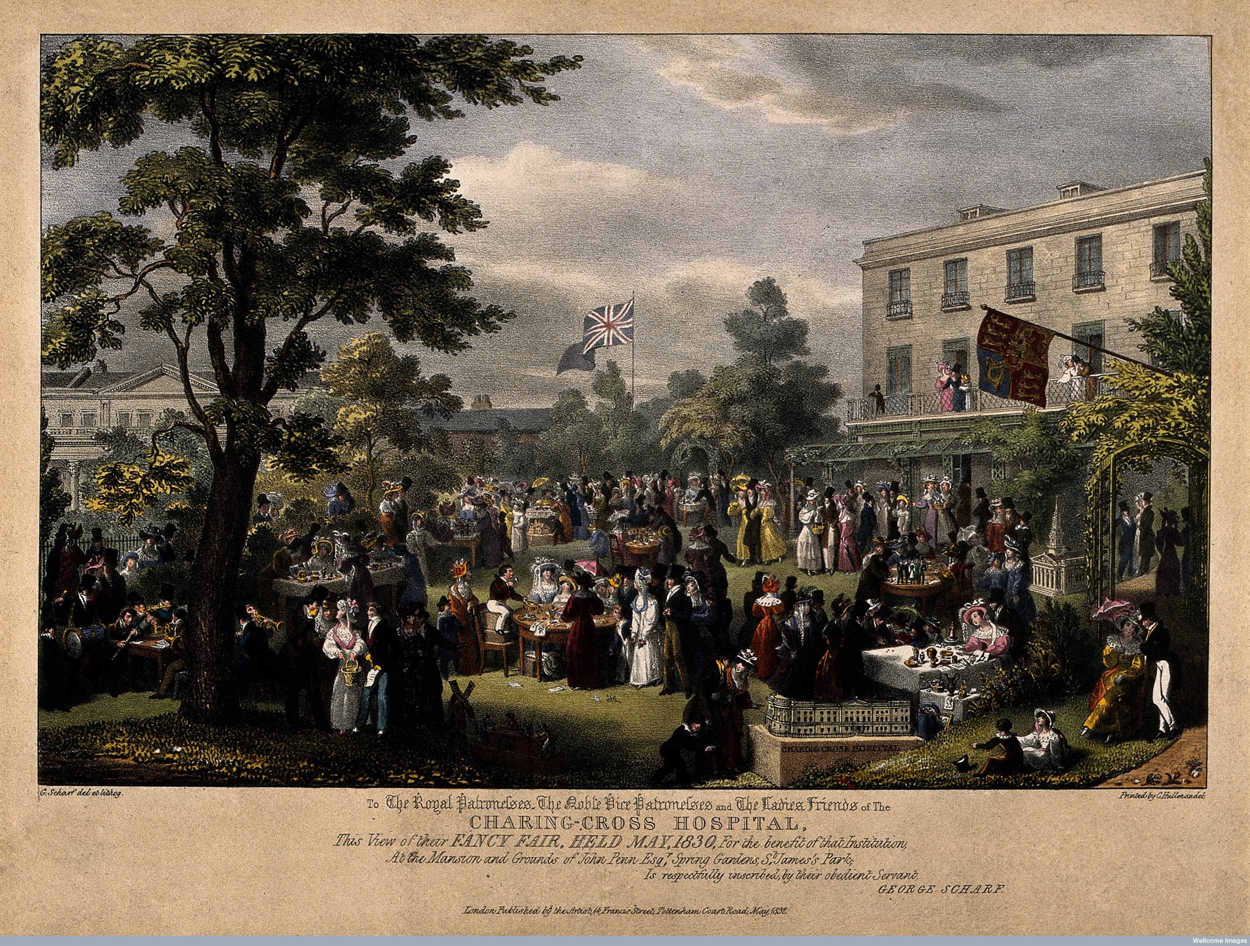 Garden of John Penn, St James's Park: A charity fair for Charing Cross Hospital, 1830, by G. Scharf. Copyright Wellcome Library, London. Creative Commons Attribution 4.0 International (https://creativecommons.org/licenses/by/4.0/).