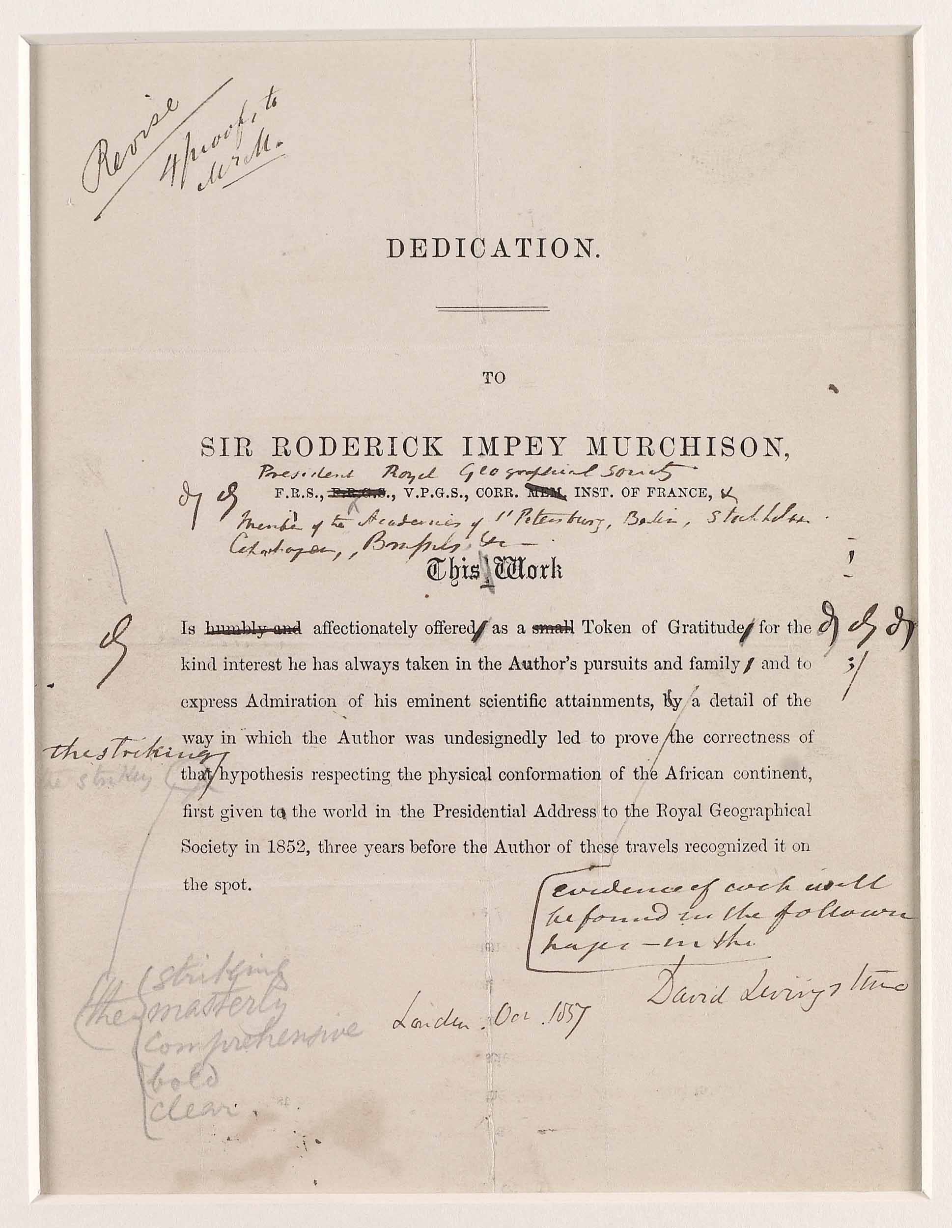 David Livingstone, Dedication page, Livingstone's Missionary Travels (Annotated Proof), c.1856-1857. Copyright National Library of Scotland. Creative Commons Share-alike 2.5 UK: Scotland (https://creativecommons.org/licenses/by-nc-sa/2.5/scotland/).
