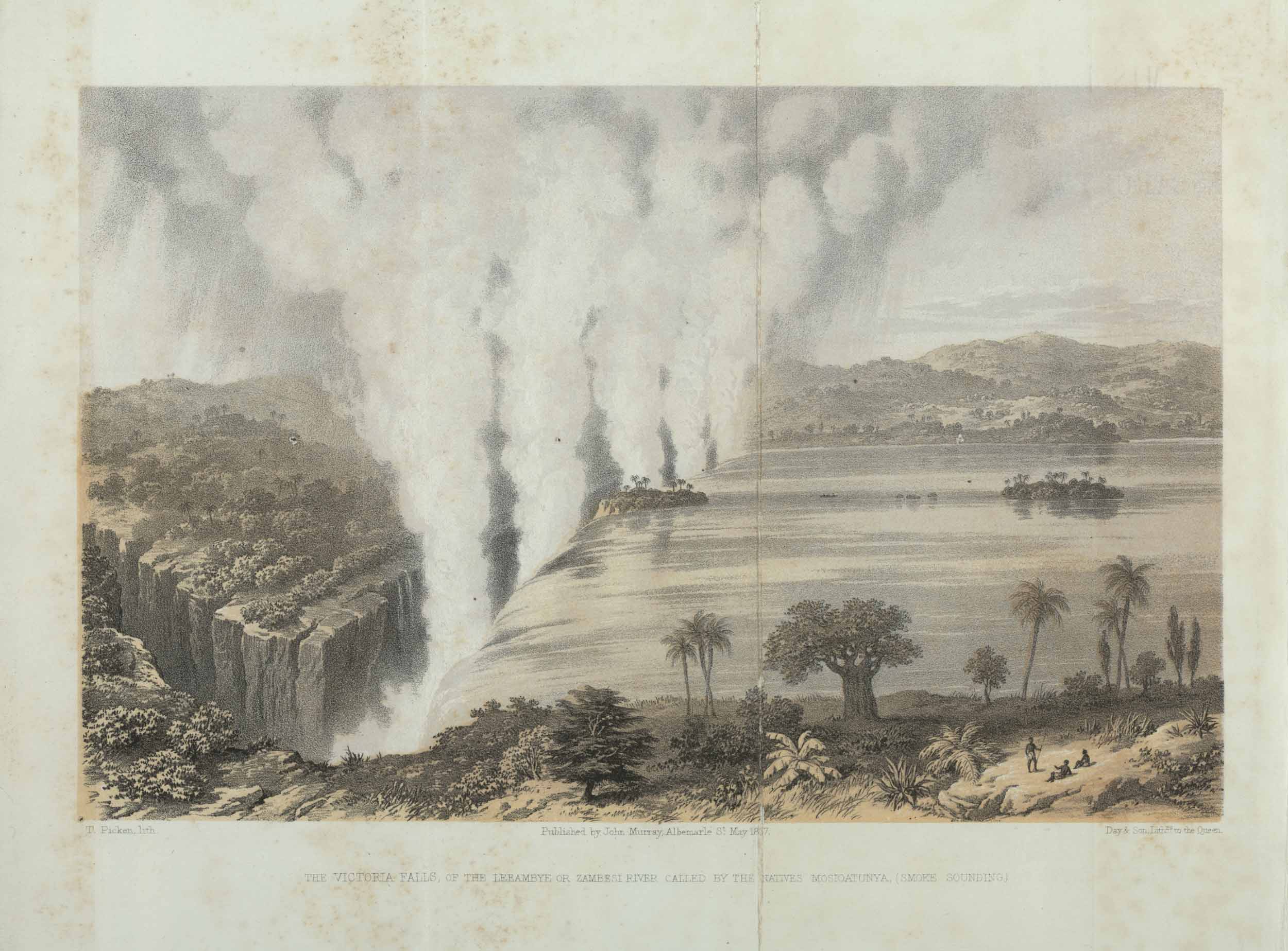 The Victoria Falls, of the Leeambye or Zambesi River Called by the Natives Mosioatunya (Smoke Sounding), Missionary Travels, 1857 Copyright National Library of Scotland. Creative Commons Share-alike 2.5 UK: Scotland(https://creativecommons.org/licenses/by-nc-sa/2.5/scotland/). The Victoria Falls, of the Leeambye or Zambesi River Called by the Natives Mosioatunya (Smoke Sounding), Missionary Travels, 1857 Copyright National Library of Scotland. Creative Commons Share-alike 2.5 UK: Scotland(https://creativecommons.org/licenses/by-nc-sa/2.5/scotland/).