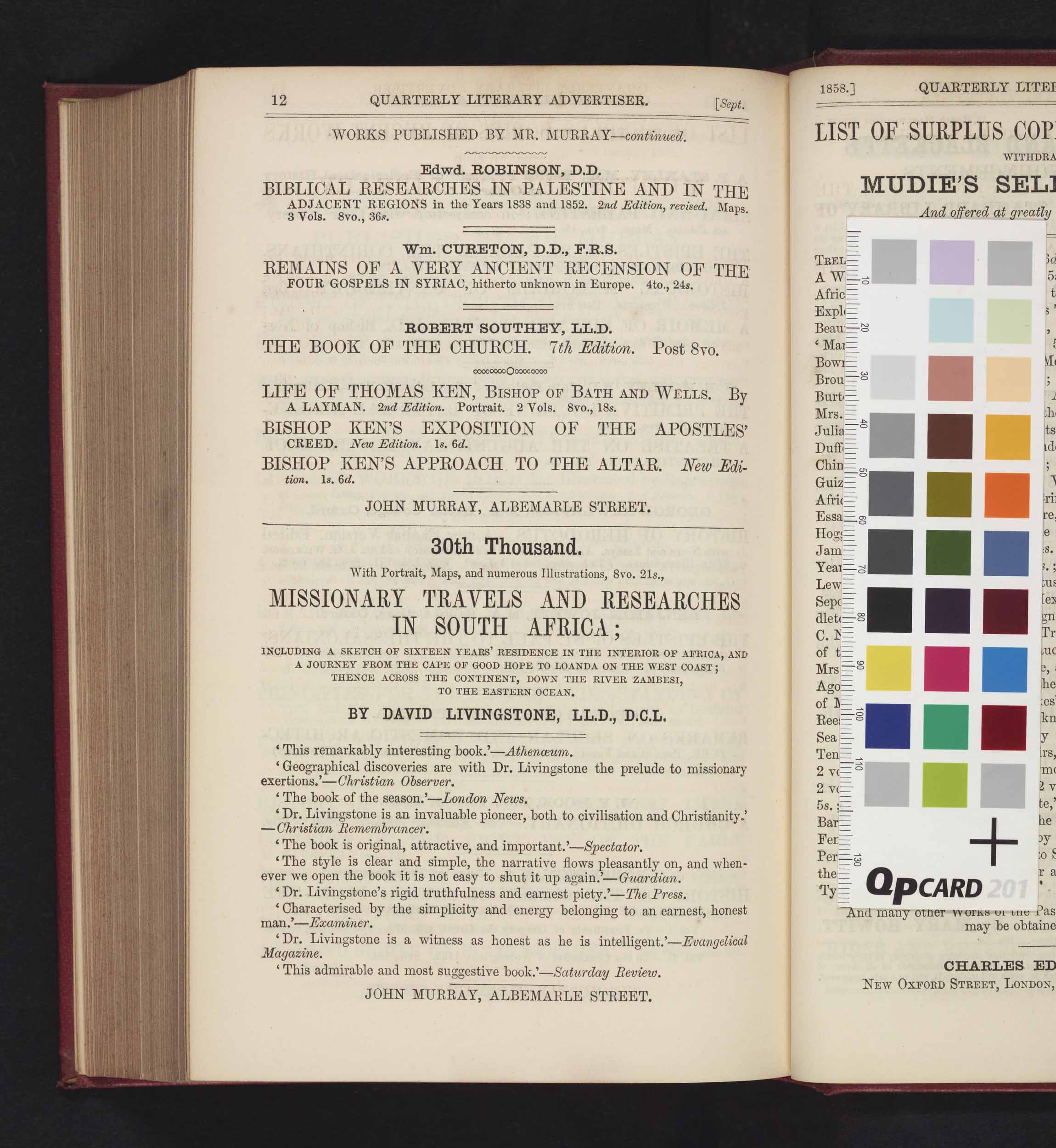 Trade Advert: 30th Thousand. Missionary Travels and Researches in South Africa, Quarterly Review 104 (July-October 1858): September 1858, p.12. Copyright National Library of Scotland. Creative Commons Share-alike 2.5 UK: Scotland(https://creativecommons.org/licenses/by-nc-sa/2.5/scotland/).