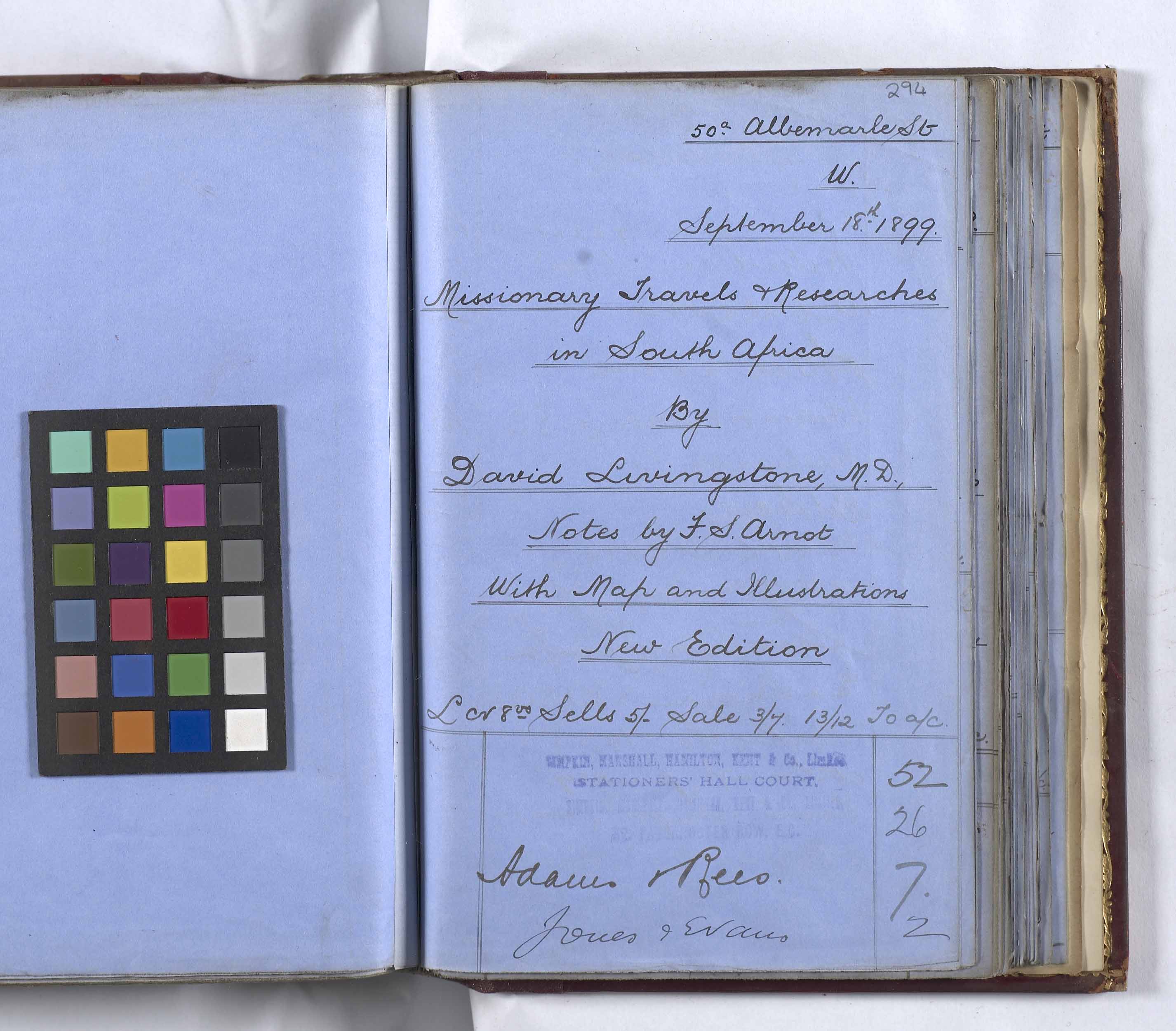 John Murray Sales Subscription Book: David Livingstone Book Sales of Missionary Travels, 18 September 1899 Copyright National Library of Scotland. Creative Commons Share-alike 2.5 UK: Scotland(https://creativecommons.org/licenses/by-nc-sa/2.5/scotland/).