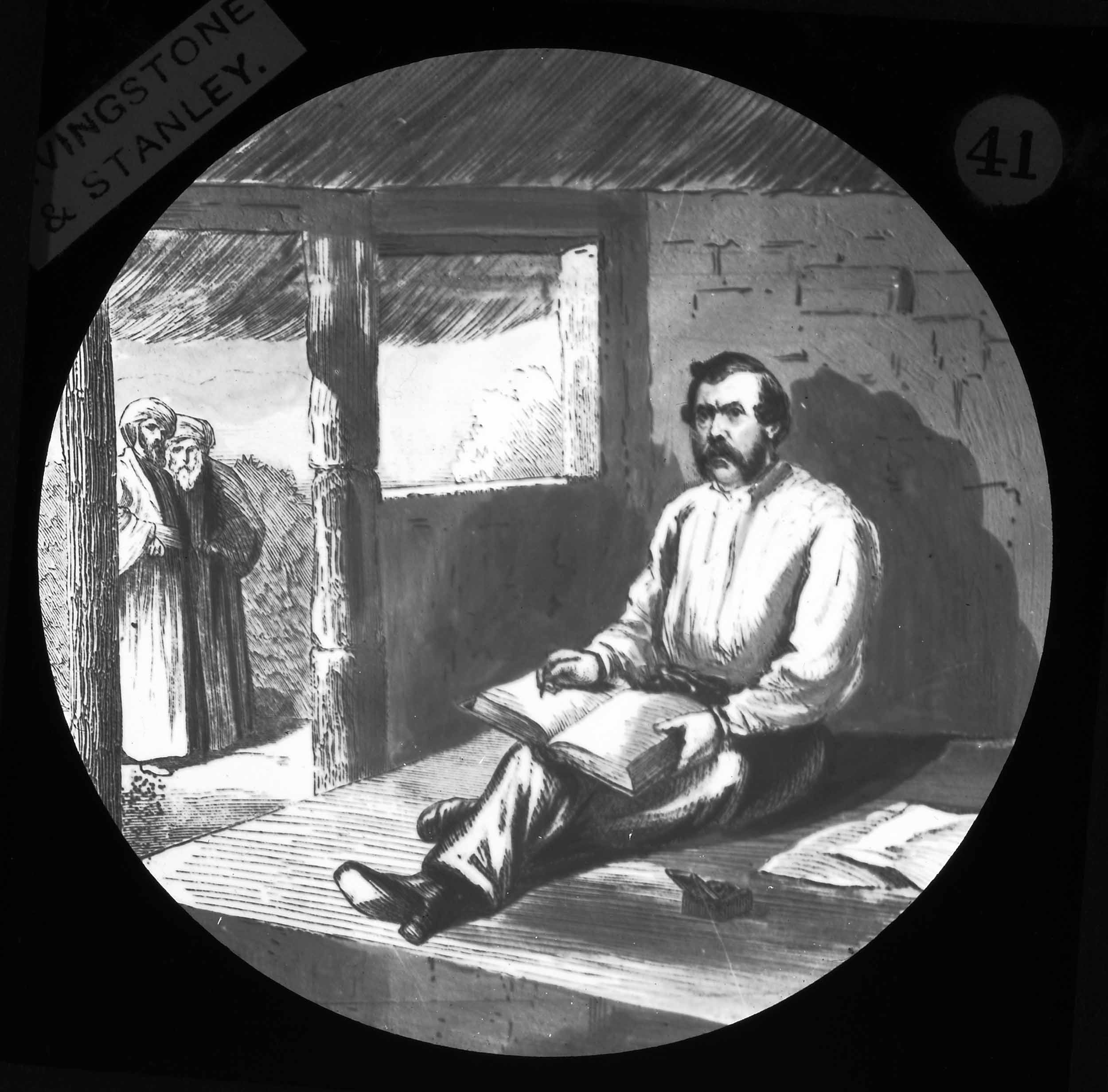 Livingstone writing in his journal: Magic Lantern Slides, Livingstone and Stanley Series, c.1900. Copyright National Library of Scotland. Creative Commons Share-alike 2.5 UK: Scotland (https://creativecommons.org/licenses/by-nc-sa/2.5/scotland/).