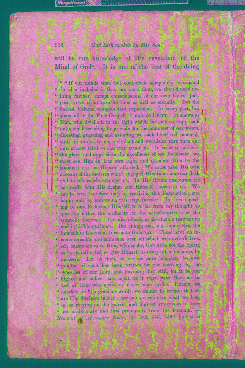 An image of a page of the 1870 Field Diary that combines two separate processed spectral renderings (Livingstone 1870ij:LXVIII ICA_pseudo_1+PCA_pseudo_34). Copyright David Livingstone Centre. Creative Commons Attribution-NonCommercial 3.0 Unported (https://creativecommons.org/licenses/by-nc/3.0/).