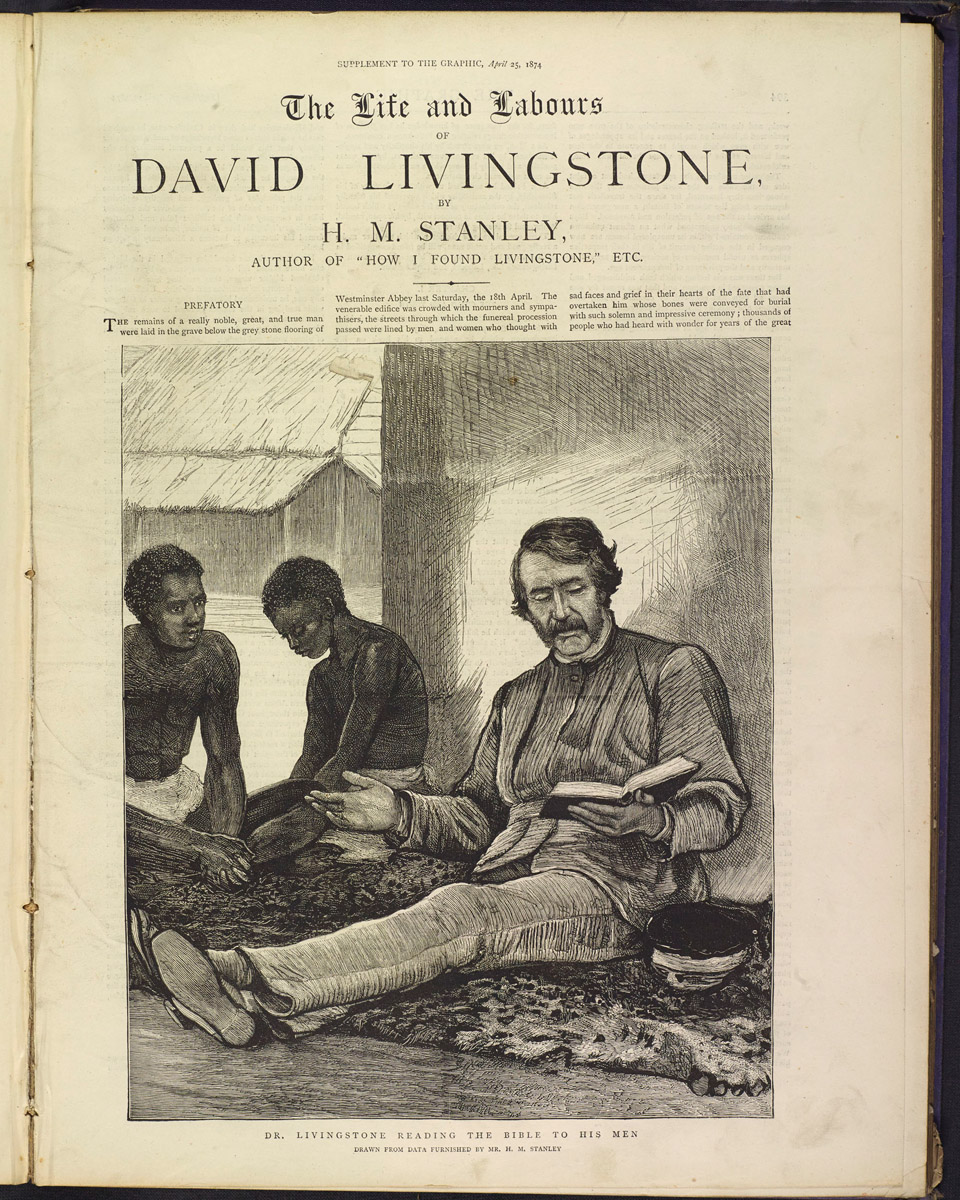 'Dr. Livingstone reading the Bible to his men. Drawn from data furnished by Mr. H.M. Stanley.' Illustration from Supplement to The Graphic, 25 April 1874, 393. Copyright National Library of Scotland. Creative Commons Share-alike 2.5 UK: Scotland (https://creativecommons.org/licenses/by-nc-sa/2.5/scotland/).