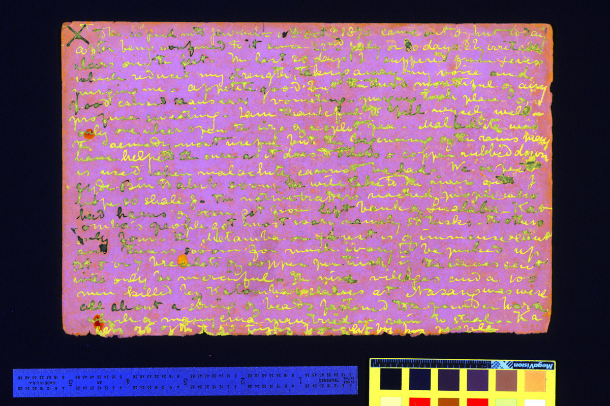 Processed spectral image of a page from the 1870 Field Diary (Livingstone 1870e:X ICA_pseudo_1). Copyright National Library of Scotland and, as relevant, Neil Imray Livingstone Wilson. Creative Commons Attribution-NonCommercial 3.0 Unported (https://creativecommons.org/licenses/by-nc/3.0/).
