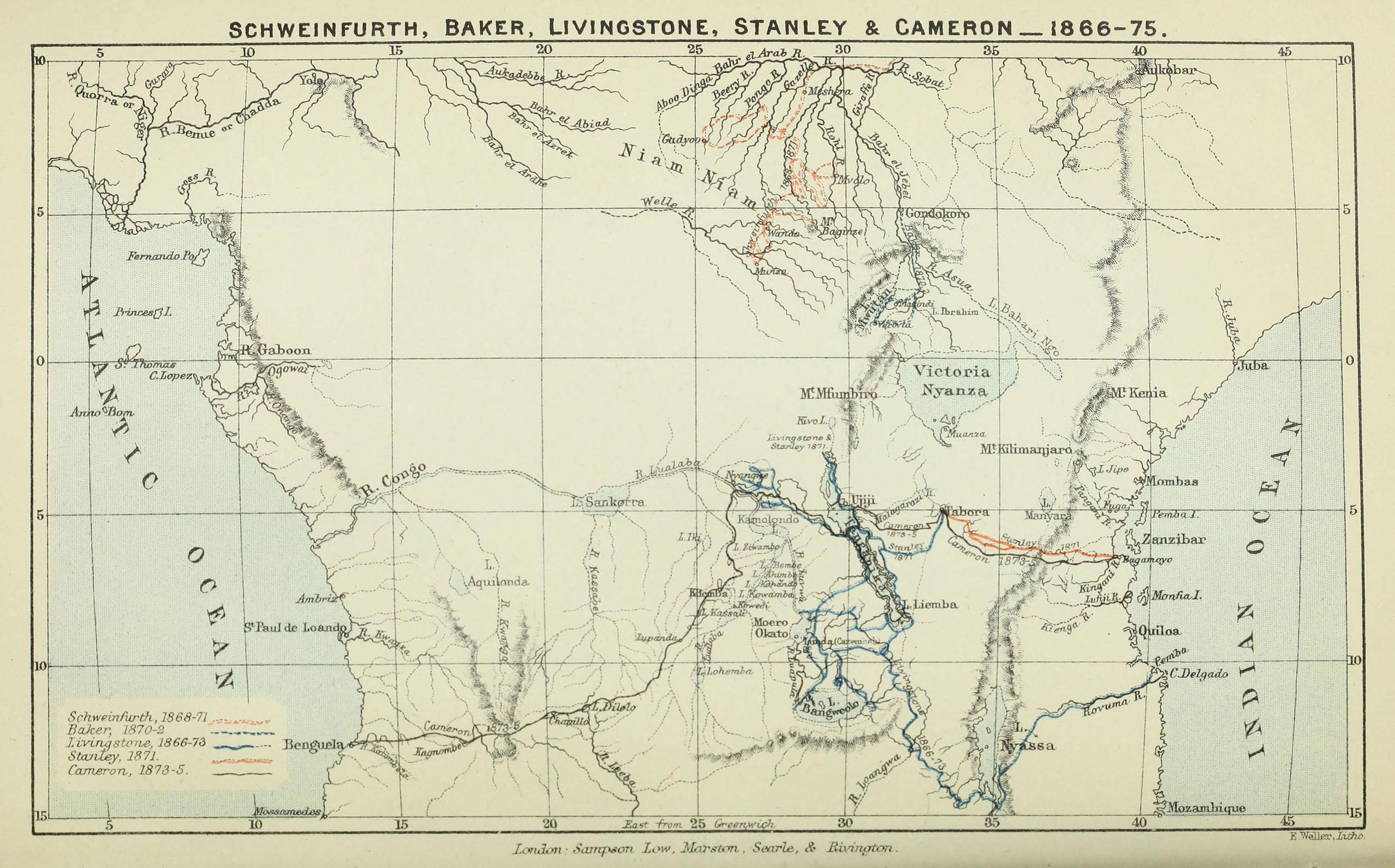 Schweinfurth Baker Livingstone Stanley Cameron 1866 1875 Map From Schweinfurth Baker Livingstone Stanley Cameron 1866 1875 Map From