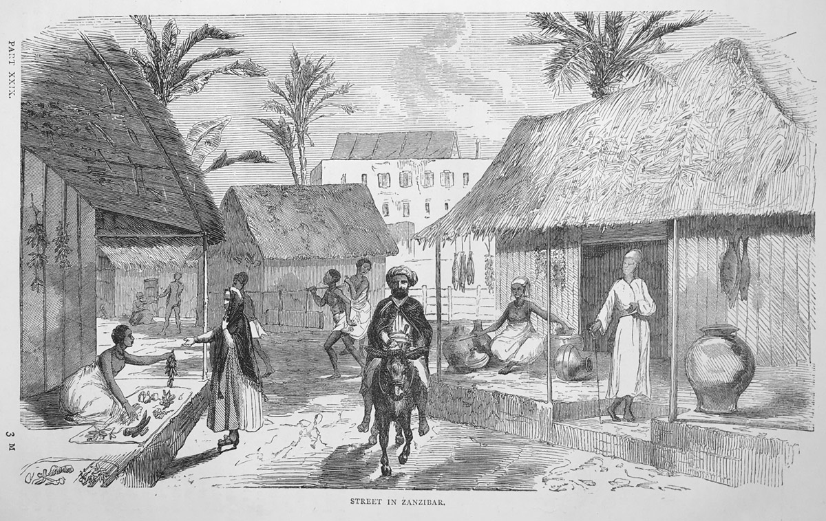 Street in Zanzibar. Illustration from James E. Ritchie, The Pictorial Edition of the Life and Discoveries of David Livingstone, 2 vols (London and Edinburgh: A. Fullarton & Co., 1876-1879), 2:601. Copyright Adrian S. Wisnicki. Creative Commons Attribution-NonCommercial 3.0 Unported (https://creativecommons.org/licenses/by-nc/3.0/).