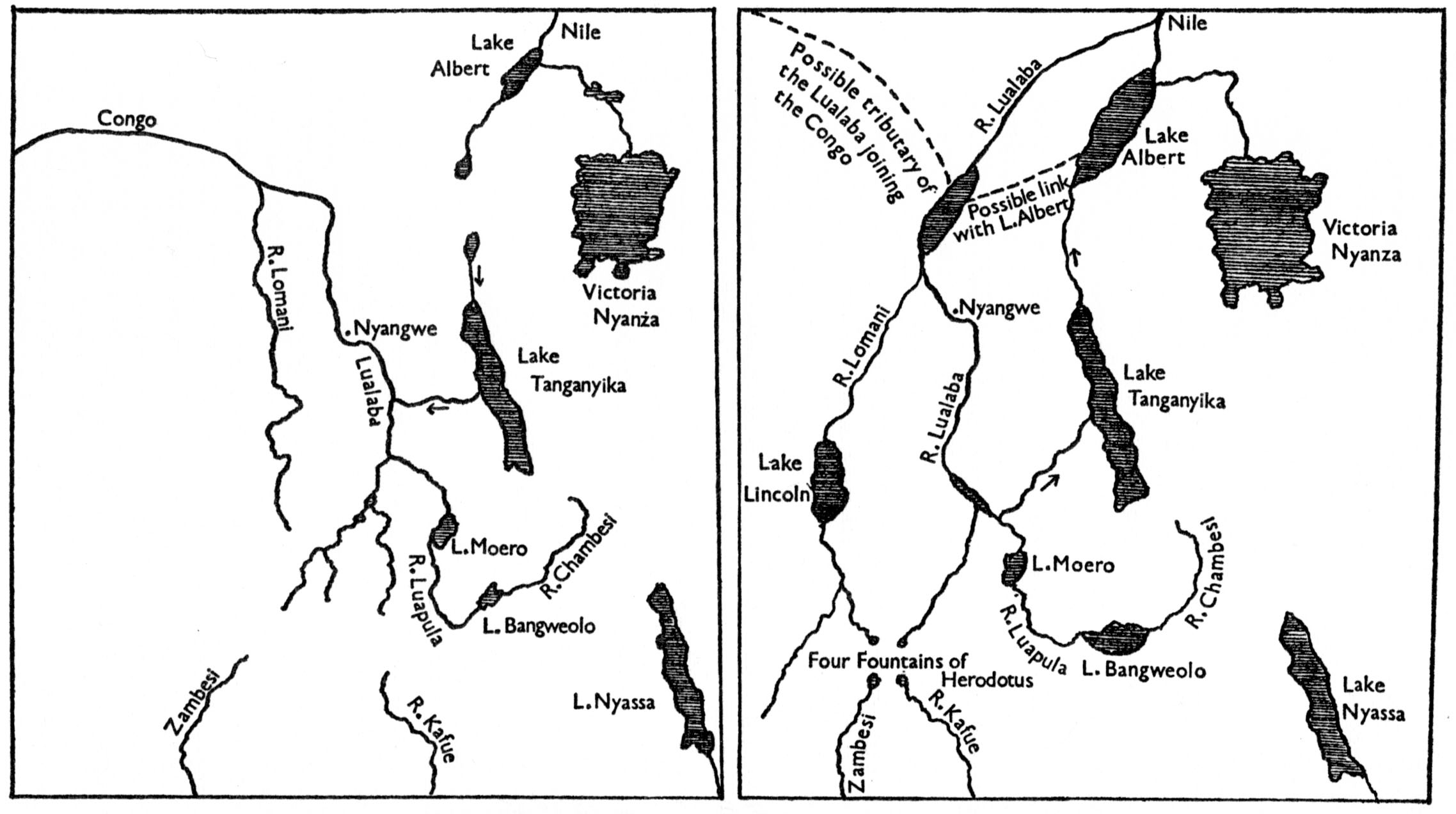 The Central African watershed as it is (left) and as Livingstone believed it to be (right). Illustration from Jeal 1973:324. Published by permission of Tim Jeal. The Central African watershed as it is (left) and as Livingstone believed it to be (right). Illustration from Jeal 1973:324. Published by permission of Tim Jeal.