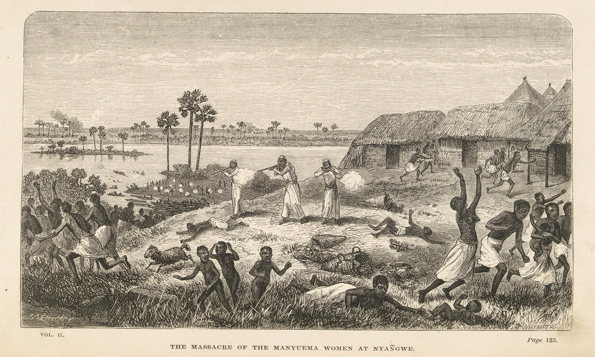 The Massacre of the Manyuema Women at Nyangwe. Illustration from the Last Journals (Livingstone 1874,2:opposite 133). Courtesy of Edinburgh University Library. The Massacre of the Manyuema Women at Nyangwe. Illustration from the Last Journals (Livingstone 1874,2:opposite 133). Courtesy of Edinburgh University Library