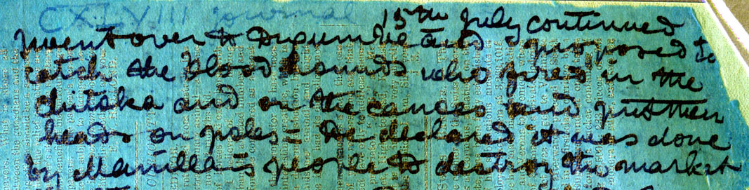 A processed spectral image of a page of the 1871 Field Diary (Livingstone 1871f:CXLVIII spectral_ratio), detail. Copyright David Livingstone Centre, Blantyre. As relevant, copyright Dr. Neil Imray Livingstone Wilson. Creative Commons Attribution-NonCommercial 3.0 Unported (https://creativecommons.org/licenses/by-nc/3.0/). A processed spectral image of a page of the 1871 Field Diary (Livingstone 1871f:CXLVIII spectral_ratio), detail. Copyright David Livingstone Centre, Blantyre. As relevant, copyright Dr. Neil Imray Livingstone Wilson. Creative Commons Attribution-NonCommercial 3.0 Unported (https://creativecommons.org/licenses/by-nc/3.0/).