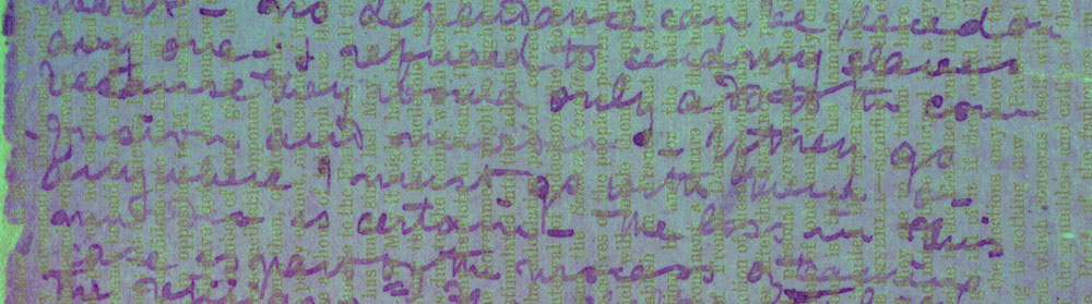 A processed spectral image of a page of the 1871 Field Diary (Livingstone 1871f:CXXIII pcar621r_pcolor), detail. Copyright David Livingstone Centre, Blantyre. As relevant, copyright Dr. Neil Imray Livingstone Wilson. Creative Commons Attribution-NonCommercial 3.0 Unported (https://creativecommons.org/licenses/by-nc/3.0/). A processed spectral image of a page of the 1871 Field Diary (Livingstone 1871f:CXXIII pcar621r_pcolor), detail. Copyright David Livingstone Centre, Blantyre. As relevant, copyright Dr. Neil Imray Livingstone Wilson. Creative Commons Attribution-NonCommercial 3.0 Unported (https://creativecommons.org/licenses/by-nc/3.0/).