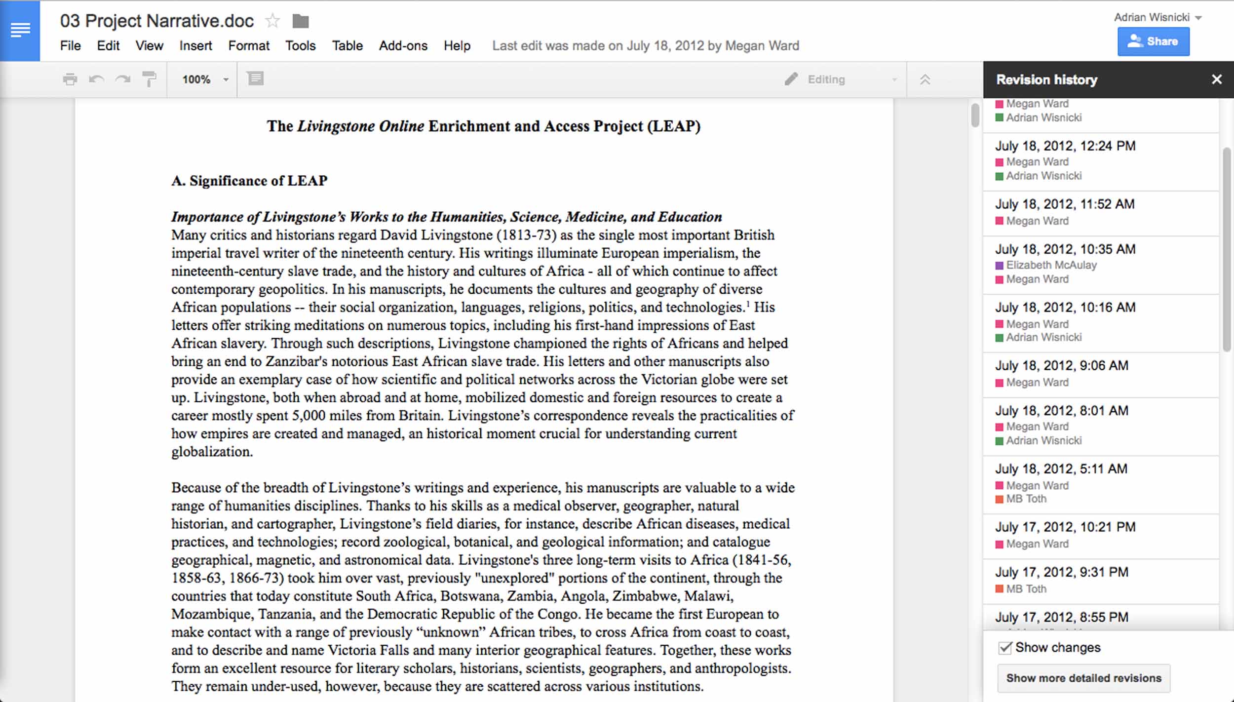 Final draft of LEAP NEH grant in Google Docs with revision history displayed. Copyright Livingstone Online. Creative Commons Attribution-NonCommercial 3.0 Unported (https://creativecommons.org/licenses/by-nc/3.0/). Final draft of LEAP NEH grant in Google Docs with revision history displayed. Copyright Livingstone Online. Creative Commons Attribution-NonCommercial 3.0 Unported (https://creativecommons.org/licenses/by-nc/3.0/).