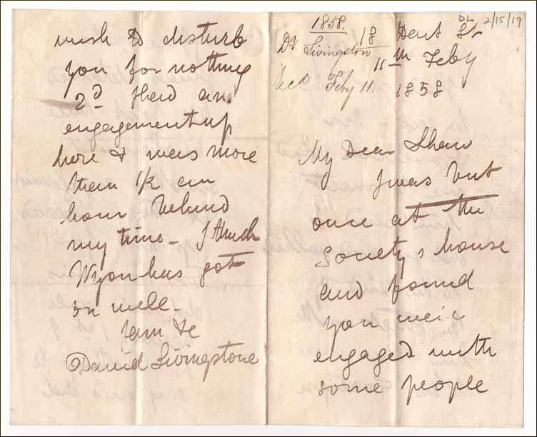 Letter to H. Norton Shaw, 11 February 1858, by David Livingstone. Image copyright Royal Geographical Society (with IBG). Used by permission for academic purposes only. For non-academic use permission, please contact the Picture Library. Text (as relevant) copyright Dr. Neil Imray Livingstone Wilson: Creative Commons Attribution-NonCommercial 3.0 Unported (https://creativecommons.org/licenses/by-nc/3.0/).