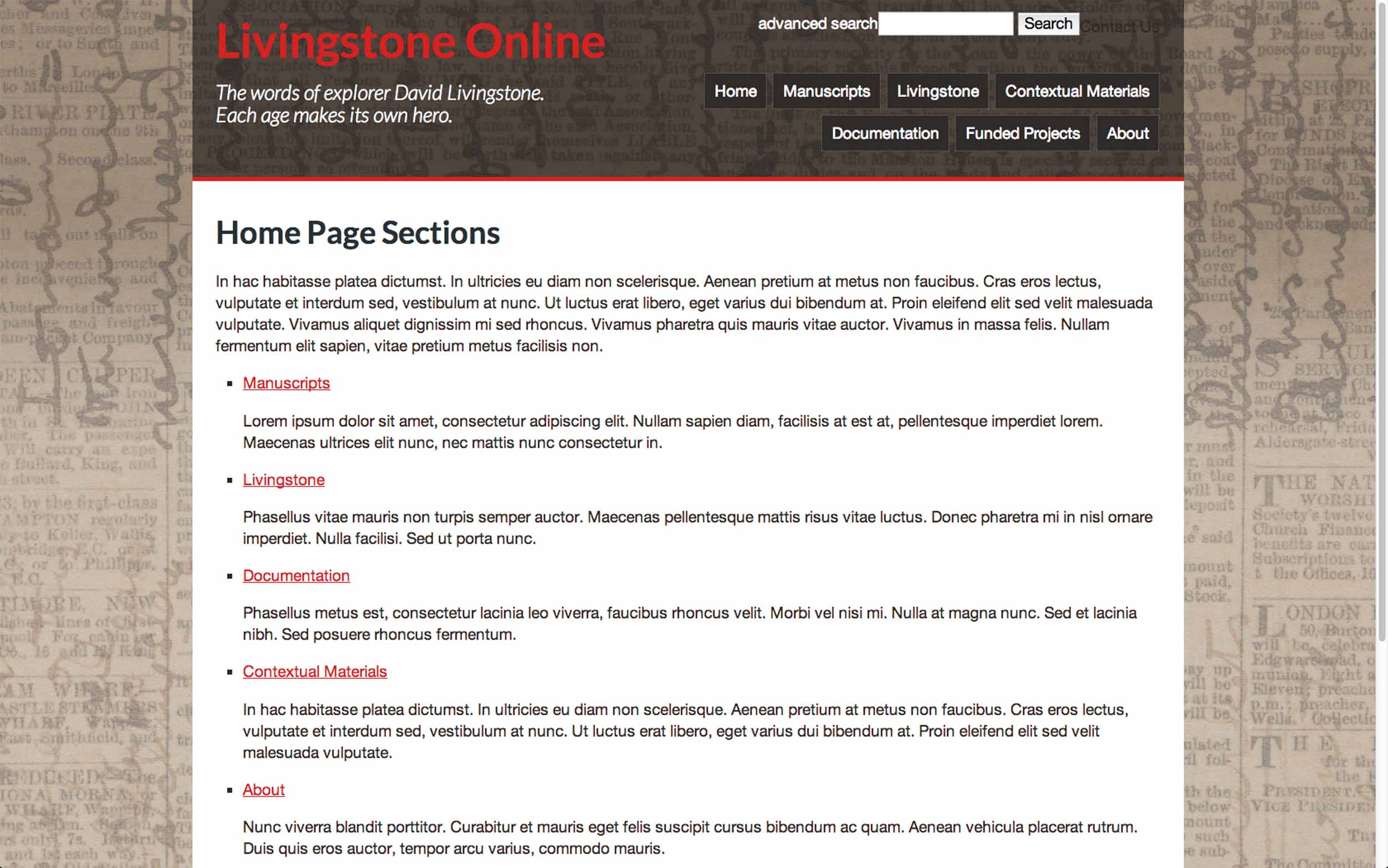 An early design mockup for the new Livingstone Online, 2013. Copyright Karin Dalziel. Creative Commons Attribution-NonCommercial 3.0 Unported (https://creativecommons.org/licenses/by-nc/3.0/). An early design mockup for the new Livingstone Online, 2013. Copyright Karin Dalziel. Creative Commons Attribution-NonCommercial 3.0 Unported (https://creativecommons.org/licenses/by-nc/3.0/).