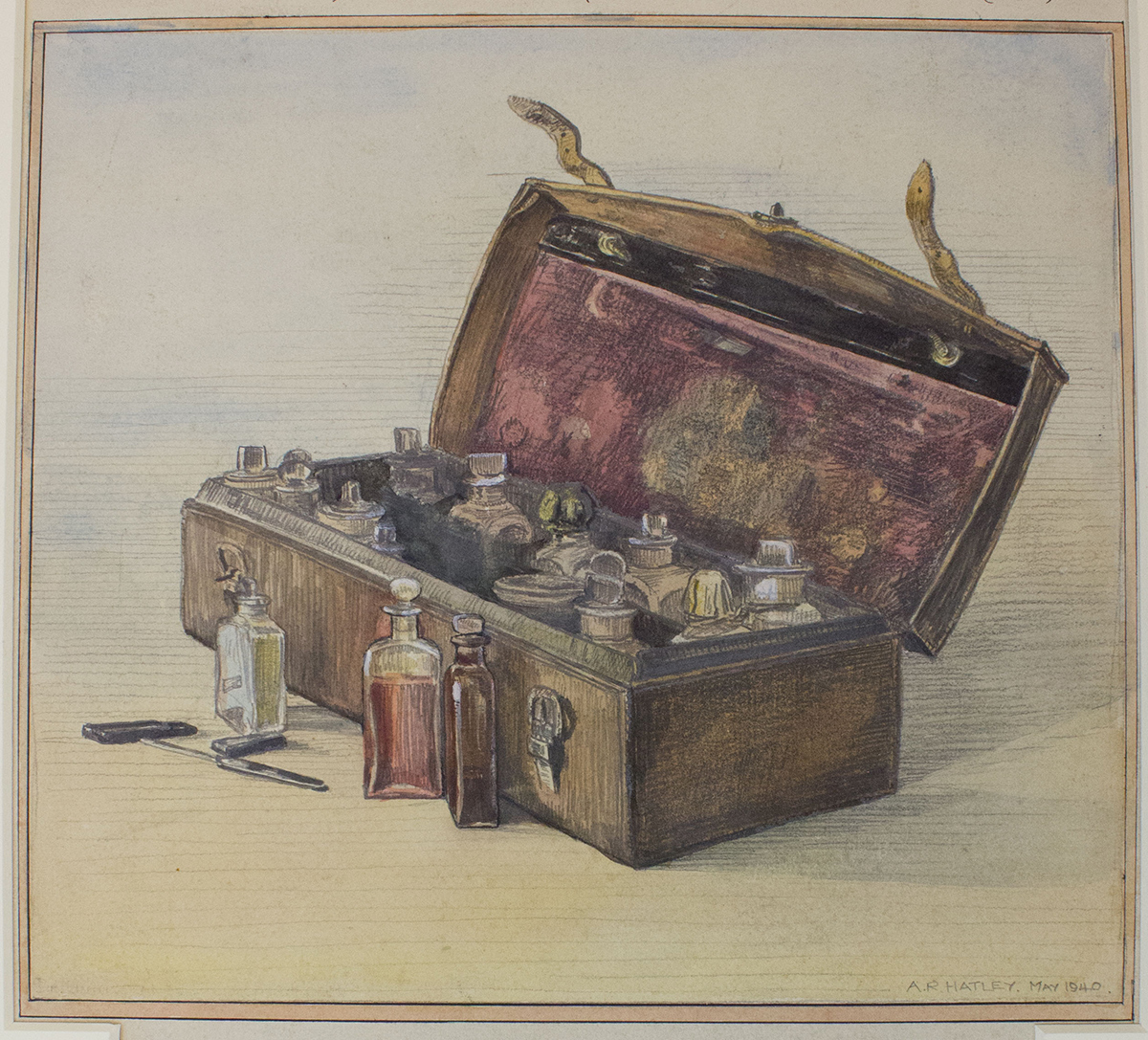 Watercolour painting of Dr Livingstone's medical chest. Used by him on his Last Journey, c.1940. Image of item from SOAS Library, University of London by Angela Aliff. Image copyright Council for World Mission. Used by permission for private study, educational or research purposes only. Please contact SOAS Archives & Special Collections on docenquiry@soas.ac.uk for permission to use this material for any other purpose.