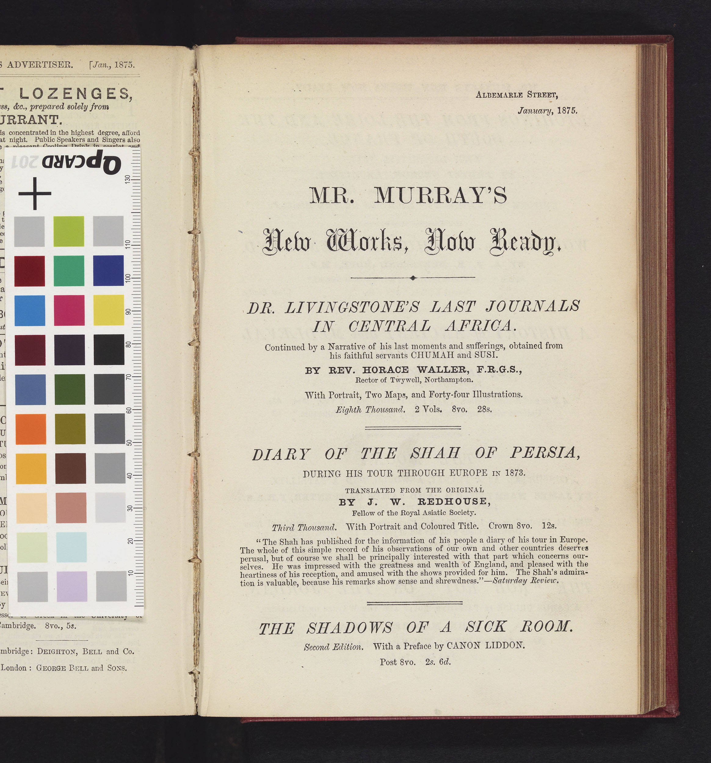 Trade Advert for Mr. Murray's New Works, Now Ready: Dr. Livingstone's Last Journals in Central Africa, Quarterly Review, 138 (January-April 1875): January 1875, 1. Copyright National Library of Scotland. Creative Commons Share-alike 2.5 UK: Scotland (https://creativecommons.org/licenses/by-nc-sa/2.5/scotland/). Trade Advert for Mr. Murray's New Works, Now Ready: Dr. Livingstone's Last Journals in Central Africa, Quarterly Review, 138 (January-April 1875): January 1875, 1. Copyright National Library of Scotland. Creative Commons Share-alike 2.5 UK: Scotland (https://creativecommons.org/licenses/by-nc-sa/2.5/scotland/).