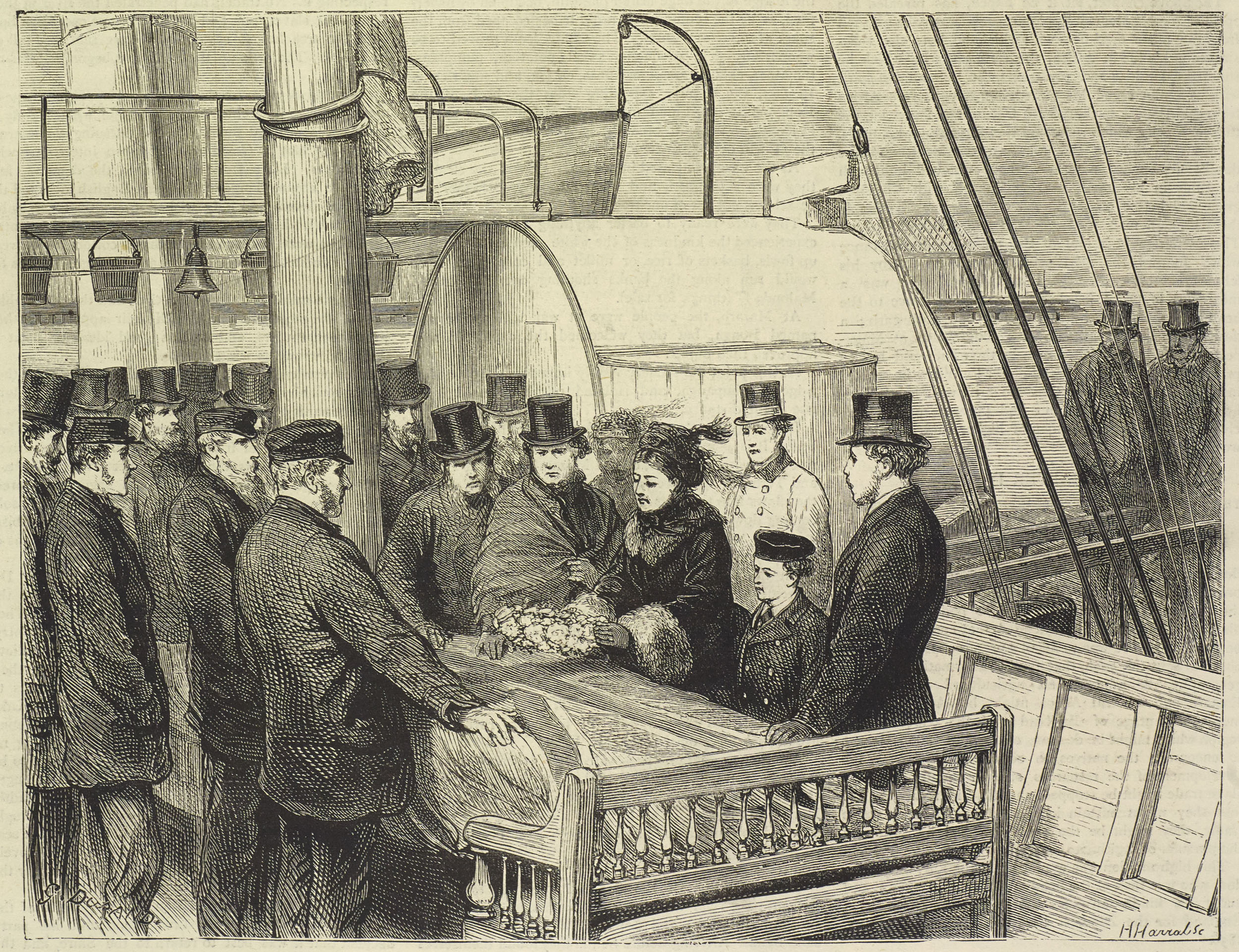 Depositing Wreaths on the Coffin on the Landing of the Body at Southampton. Illustration from 'The Life and Labours of David Livingstone' (Stanley 1874:401). Copyright National Library of Scotland. Creative Commons Share-alike 2.5 UK: Scotland (https://creativecommons.org/licenses/by-nc-sa/2.5/scotland/). Depositing Wreaths on the Coffin on the Landing of the Body at Southampton. Illustration from 'The Life and Labours of David Livingstone' (Stanley 1874:401). Copyright National Library of Scotland. Creative Commons Share-alike 2.5 UK: Scotland (https://creativecommons.org/licenses/by-nc-sa/2.5/scotland/).