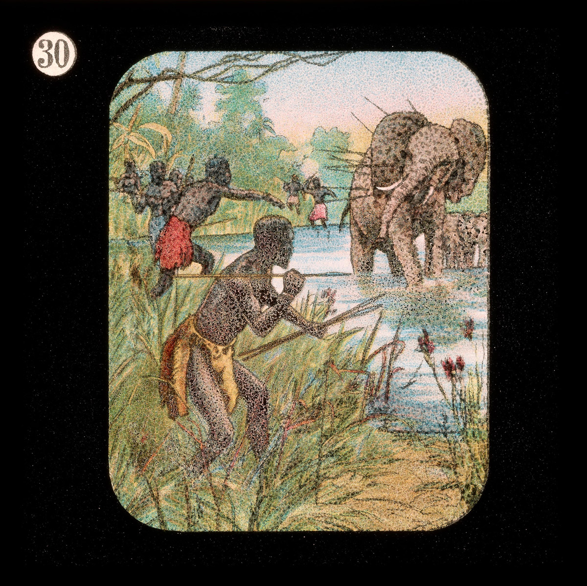 Africans hunting an elephant. Lantern slide from the Life, Adventures, and Work of David Livingstone, date unknown. Courtesy of the Smithsonian Libraries, Washington, D.C