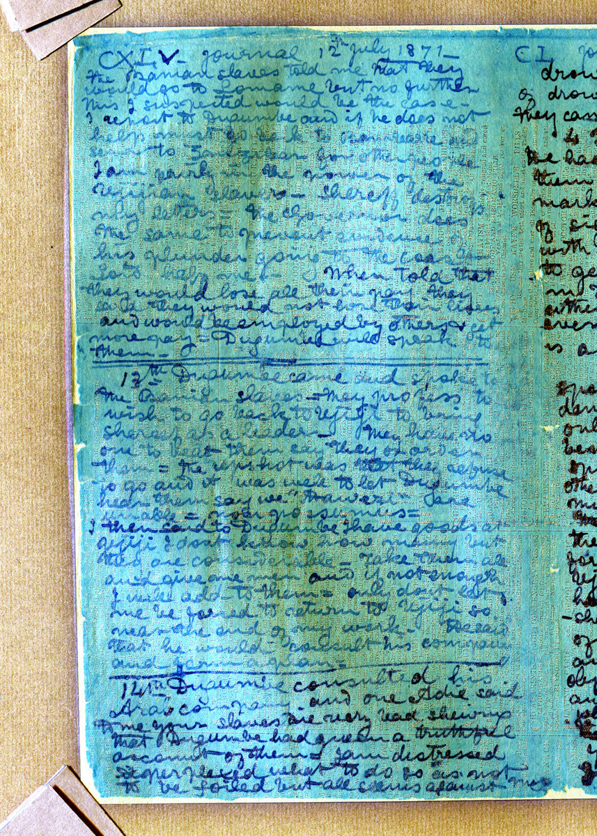 A processed spectral image of a page of the 1871 Field Diary (Livingstone 1871f:CXLV spectral_ratio). Copyright David Livingstone Centre, Blantyre. As relevant, copyright Dr. Neil Imray Livingstone Wilson. Creative Commons Attribution-NonCommercial 3.0 Unported (https://creativecommons.org/licenses/by-nc/3.0/).