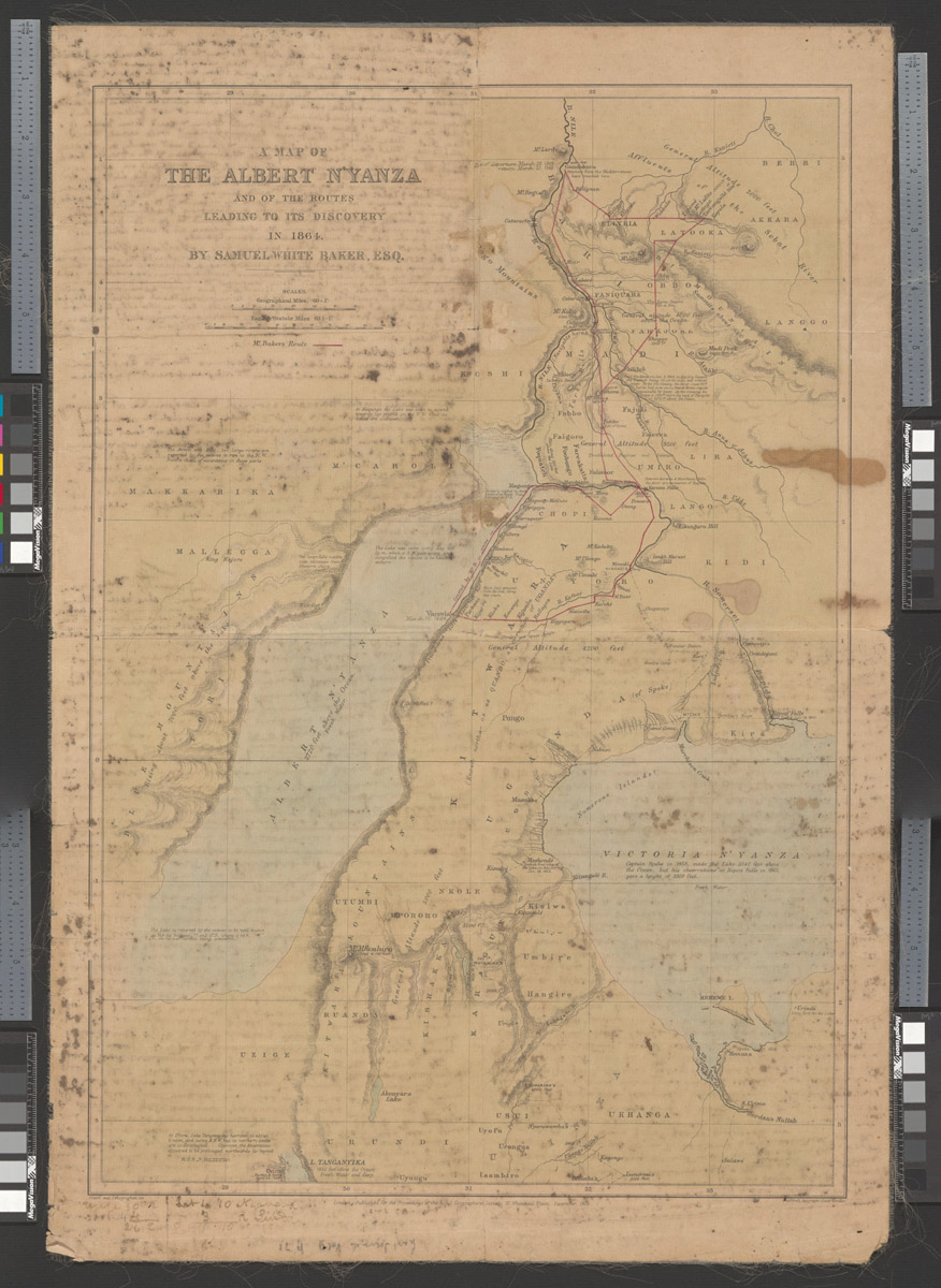 Samuel White Baker's map of the Albert N'yanza (Lake Albert), over which Livingstone wrote a segment of the 1870 Field Diary (Livingstone 1870h:[map]). Copyright David Livingstone Centre. Creative Commons Attribution-NonCommercial 3.0 Unported (https://creativecommons.org/licenses/by-nc/3.0/).