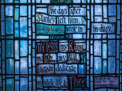 Stained-glass window (1932), David Livingstone Centre museum, 2015. Copyright Angela Aliff. May not be reproduced without the consent of the Scottish National Memorial to David Livingstone Trust. Stained-glass window (1932), David Livingstone Centre museum, 2015. Copyright Angela Aliff. May not be reproduced without the consent of the Scottish National Memorial to David Livingstone Trust.